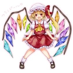 Rule 34 | 1girl, ascot, blonde hair, bow, character name, flandre scarlet, frills, hat, hat bow, mob cap, monrooru, open mouth, pigeon-toed, red eyes, side ponytail, solo, touhou, wings