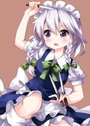 Rule 34 | 1girl, apron, arm up, blue skirt, blue vest, blush, bow, bowtie, braid, brown background, commentary request, feet out of frame, frilled apron, frills, green bow, green bowtie, hair between eyes, hair bow, highres, holding, holding knife, holding weapon, izayoi sakuya, knife, maid, maid apron, maid headdress, miniskirt, open mouth, petticoat, puffy short sleeves, puffy sleeves, purple eyes, ruu (tksymkw), shirt, short hair, short sleeves, silver hair, simple background, skirt, skirt set, socks, solo, touhou, twin braids, vest, waist apron, weapon, white apron, white shirt, white socks
