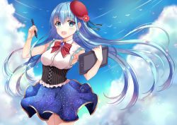 Rule 34 | 1girl, bad id, bad pixiv id, beret, blouse, blue eyes, blue hair, blue sky, breasts, cloud, cloudy sky, corset, cowboy shot, day, drawing tablet, earrings, floating hair, hands up, harimoji, hat, holding, jewelry, long hair, looking at viewer, medium breasts, open mouth, original, outdoors, pixiv, pixiv-tan, shirt, sky, sleeveless, sleeveless shirt, smile, solo, starry sky print, stylus, tareme, white shirt