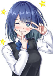 Rule 34 | 1girl, absurdres, black sweater vest, blue bow, blue bowtie, blue eyes, blue hair, blush, bow, bowtie, collared shirt, commentary, finger to mouth, gradient hair, highres, kurokawa akane, kyamu (qqea92z9n), light blue hair, long sleeves, looking at viewer, medium hair, multicolored hair, one eye closed, oshi no ko, school uniform, shirt, simple background, smile, solo, star-shaped pupils, star (symbol), sweater vest, symbol-shaped pupils, upper body, v, v over eye, white background, white shirt