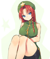 Rule 34 | 1girl, bad id, bad pixiv id, beret, bike shorts, black shorts, blue eyes, braid, bright pupils, busujima funya, china dress, chinese clothes, closed mouth, commentary, dress, green dress, green hat, hair ribbon, hands on lap, hat, hat ornament, head tilt, high collar, highres, hong meiling, legs, long hair, looking at viewer, medium dress, one-hour drawing challenge, orange ribbon, parted bangs, red hair, ribbon, shorts, shorts under dress, side braid, side slit, sitting, sleeveless, sleeveless dress, smile, solo, star (symbol), star hat ornament, touhou, white pupils
