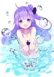 Rule 34 | 1girl, :d, ahoge, amacha, azur lane, bikini, blush, breasts, cleavage, commentary, commentary request, dutch angle, hair bun, halterneck, leaning forward, long hair, looking at viewer, medium breasts, one side up, open mouth, outstretched hand, purple eyes, purple hair, side bun, single side bun, smile, solo, splashing, swimsuit, third-party source, unicorn (azur lane), wading, water drop, white bikini