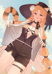 Rule 34 | 1girl, absurdres, animal ear fluff, animal ears, arknights, bare shoulders, black gloves, black hat, black ribbon, black shirt, black shorts, blue sky, blush, breasts, buckle, center opening, chest strap, cloud, cloudy sky, collarbone, commentary request, cowboy shot, day, drill hair, dutch angle, embarrassed, fang, fingerless gloves, fingernails, flower, from below, gloves, green eyes, green nails, hair flower, hair ornament, hands up, hat, hat ribbon, high-waist shorts, highres, jacket, jewelry, lapels, long hair, looking at viewer, looking down, medium breasts, nail polish, neck ribbon, necklace, notched lapels, official alternate costume, open clothes, open jacket, open mouth, opened by self, orange hair, orange tail, outdoors, parted bangs, ribbon, sand, shade, shirt, short shorts, shorts, sidelocks, single glove, skindentation, sky, sleeveless, sleeveless jacket, sleeveless shirt, smile, solo, striped tail, sun hat, sunlight, suzubotan, sweat, swire (arknights), swire the elegant wit (arknights), tail, thigh strap, thighs, tiger ears, tiger girl, tiger tail, very long hair, white flower, white jacket