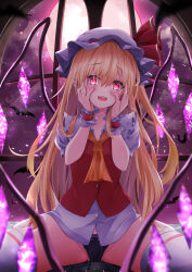 Rule 34 | 1girl, absurdres, alternate hair length, alternate hairstyle, ascot, bat (animal), black panties, blonde hair, blurry, blush, breasts, cowboy shot, crystal, depth of field, ekidona, fang, flandre scarlet, full moon, groin, hands on own cheeks, hands on own face, hat, hat ribbon, highres, indoors, long hair, looking at viewer, mob cap, moon, night, night sky, open mouth, panties, petite, puffy sleeves, raised eyebrows, red eyes, red ribbon, red vest, ribbon, shirt, sitting, sky, small breasts, solo, spread legs, thighhighs, touhou, underwear, very long hair, vest, white hat, white shirt, white thighhighs, window, wings, wrist cuffs, yellow ascot