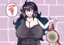 Rule 34 | 1girl, bra, breasts, cleavage, codeorange162, covered erect nipples, creatures (company), eyelashes, female focus, game freak, hex maniac (pokemon), holding, holding bra, holding clothes, holding underwear, huge breasts, long hair, looking at viewer, nintendo, open mouth, pale skin, pokemon, pokemon xy, red bra, smile, solo, steam, underwear