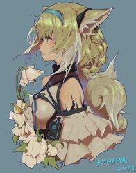 Rule 34 | 1girl, animal ears, arknights, bare shoulders, blonde hair, blue background, blue hairband, braided hair rings, chinese commentary, closed mouth, clothing cutout, colored tips, commentary request, cropped torso, dated, earpiece, flower, fox ears, fox girl, fox tail, from side, green eyes, hairband, highres, hua ha jiazi, infection monitor (arknights), lily of the valley, material growth, multicolored hair, name connection, object namesake, oripathy lesion (arknights), short hair, shoulder cutout, signature, simple background, solo, suzuran (arknights), tail, two-tone hair, white hair