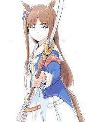 Rule 34 | 1girl, animal ears, blue eyes, blue jacket, brown hair, dress, glaive (polearm), grass wonder (umamusume), half-closed eyes, highres, holding, holding polearm, holding weapon, horse ears, horse girl, horse tail, jacket, long hair, looking at viewer, parted bangs, polearm, simple background, solo, tail, umamusume, vent arbre, very long hair, weapon, white background, white dress