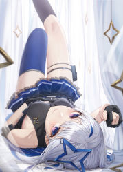 Rule 34 | 1girl, absurdres, amane kanata, amane kanata (work), asymmetrical legwear, bare shoulders, black shirt, black socks, blue hair, blue skirt, blue thighhighs, blush, closed mouth, commentary request, cryturtle, feet out of frame, frilled skirt, frills, gloves, halo, hand on own stomach, hand up, highres, hololive, jewelry, knee up, kneehighs, leg up, long hair, looking at viewer, lying, miniskirt, mismatched legwear, multicolored hair, necklace, on back, partially fingerless gloves, pleated skirt, purple eyes, shirt, single kneehigh, single sock, single thighhigh, skirt, smile, socks, solo, star (symbol), star halo, star necklace, thigh strap, thighhighs, thighs, uneven legwear, upside-down, virtual youtuber, white curtains, white hair