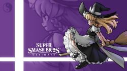 Rule 34 | absurdres, apron, black footwear, blonde hair, braid, broom, broom riding, english text, frilled skirt, frills, hat, highres, kirisame marisa, leaning back, logo, looking to the side, mary janes, nin nakajima, nintendo, puffy sleeves, shoes, short sleeves, skirt, smile, super smash bros., touhou, white legwear, witch, witch hat, yin yang, yin yang orb, zoom layer