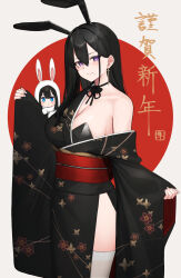 Rule 34 | 2girls, animal ears, bare shoulders, black choker, black kimono, black leotard, blue-eyed girl (hayabusa), blue eyes, blush, breasts, choker, classy-black-haired girl (hayabusa), cleavage, commentary, earrings, floral print, hayabusa (vert 320), highres, japanese clothes, jewelry, kimono, large breasts, leotard, leotard under clothes, long hair, long sleeves, mole, mole under eye, mole under mouth, multiple girls, nail polish, off shoulder, original, purple eyes, rabbit ears, single bare shoulder, smile, thighhighs, thighs, translation request, white thighhighs