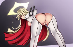 Rule 34 | 1girl, adapted costume, anus, anus peek, arm strap, ass, ass cutout, bent over, blonde hair, breasts, breasts out, candy, chaps, clothing cutout, spiked halo, food, from behind, guilty gear, guilty gear xrd, halo, jack-o&#039; valentine, lollipop, long hair, looking at viewer, looking back, medium breasts, multicolored hair, nipples, no panties, pants, pussy, red eyes, red hair, reeceyd3, solo, straight hair, two-tone hair, uncensored, very long hair
