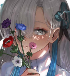 Rule 34 | 1girl, blue hair, close-up, commentary, dress, flower, flower request, hair flower, hair ornament, hair over one eye, highres, holding, holding flower, isekai joucho, isshiki (ffmania7), kamitsubaki studio, long hair, looking at viewer, multicolored hair, parted lips, signature, solo, symbol-only commentary, two-tone hair, virtual youtuber, white dress, white eyes, white hair