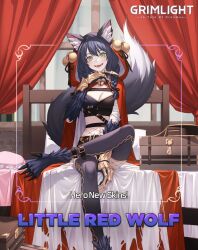 Rule 34 | 1girl, animal ears, animal hands, bandaged arm, bandages, bed, bell, big bad wolf (grimlight), black hair, braid, breasts, cape, claws, cleavage, commentary, crop top, english commentary, gauntlets, green eyes, grimlight, hood, hood up, long hair, medium breasts, official art, open mouth, red cape, sitting, smile, solo, suitcase, tail, twin braids, wolf ears, wolf girl, wolf tail