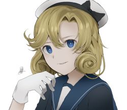Rule 34 | 1girl, black neckwear, blonde hair, blue eyes, blue sailor collar, commentary request, gloves, hat, highres, janus (kancolle), jitsukawa ashi, kantai collection, looking at viewer, parted bangs, parted lips, sailor collar, sailor hat, short hair, signature, simple background, solo, upper body, white background, white gloves, white hat