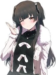Rule 34 | 1girl, ;), black sweater, blunt bangs, blush, fur-trimmed jacket, fur trim, hair ornament, highres, idolmaster, idolmaster shiny colors, jacket, looking at viewer, mayuzumi fuyuko, misaki nonaka, one eye closed, simple background, sketch, smile, solo, sweater, two side up, upper body, white background, white jacket