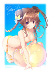 Rule 34 | 1girl, ahoge, alternate hairstyle, antenna hair, ass, bare shoulders, bikini, blush, braid, breasts, brown eyes, brown hair, bun cover, closed mouth, collarbone, commentary request, double bun, flip-flops, full body, hair between eyes, hair bun, hair ornament, heart, heart ahoge, highres, holding, huge ahoge, jewelry, kantai collection, ko yu, kuma (kancolle), long hair, looking at viewer, medium breasts, necklace, sandals, side-tie bikini bottom, simple background, smile, solo, swimsuit, twin braids, twitter username