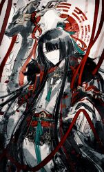 Rule 34 | 1boy, asymmetrical bangs, black coat, black hair, changpao, chinese clothes, chinese commentary, coat, commentary, curtained hair, fate/grand order, fate (series), highres, iny (user 7250693), long hair, long sleeves, looking at viewer, male focus, qilin (mythology), smile, solo, tai gong wang (fate), topknot, waterpaint