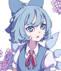 Rule 34 | 1girl, absurdres, blue bow, blue eyes, blue hair, bow, cirno, collared shirt, eyebrows hidden by hair, flower, hair bow, highres, ice, ice wings, kame (kamepan44231), looking to the side, neck ribbon, one-hour drawing challenge, open mouth, pink flower, red ribbon, ribbon, shirt, short hair, short sleeves, simple background, solo, touhou, upper body, white background, white shirt, wings