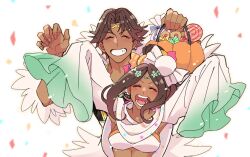 Rule 34 | 1boy, 1girl, armpits, arms up, blurry, blurry background, brother and sister, brown hair, candy, candy hair ornament, closed eyes, commentary request, confetti, crop top, dark-skinned female, dark-skinned male, dark skin, e8coofn0klibdx1, fire emblem, fire emblem engage, fire emblem heroes, fogado (fire emblem), food, food-themed hair ornament, hair ornament, halloween bucket, high ponytail, nintendo, official alternate costume, open mouth, siblings, sleeves past fingers, sleeves past wrists, smile, teeth, timerra (fire emblem), timerra (halloween) (fire emblem), upper body, white background