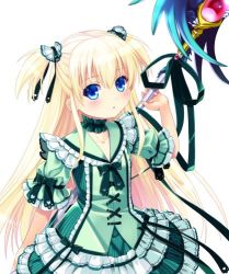 Rule 34 | 1girl, anya (noah&#039;s gate), blonde hair, blue eyes, blush, choker, collarbone, collared dress, dmm, dress, eyebrows, flat chest, green dress, hair ornament, hair ribbon, holding, holding staff, jewelry, long hair, looking at viewer, lowres, morisaki kurumi, neck ring, noah&#039;s gate, ribbon, solo, staff, two side up, white background