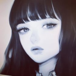 Rule 34 | 1girl, bad id, bad instagram id, blunt bangs, close-up, expressionless, eyelashes, greyscale, lips, long hair, looking at viewer, monochrome, original, parted lips, portrait, solo, takenaka, unfinished