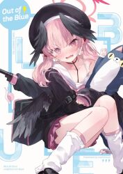 Rule 34 | 1girl, animal, beret, black hat, black shirt, black wings, blue archive, blush, commentary request, feet out of frame, hat, head wings, highres, koharu (blue archive), long hair, looking at viewer, makihitsuji, open mouth, pink eyes, pink hair, pleated skirt, red skirt, sailor collar, sailor shirt, shirt, skirt, snail, socks, solo, stuffed animal, stuffed cat, stuffed toy, twintails, white sailor collar, white socks, wings