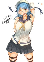 Rule 34 | 10s, :d, arm up, armpits, blouse, blue eyes, blue hair, commentary request, dated, double bun, elbow gloves, gloves, hair bun, hat, highres, kantai collection, legs apart, neckerchief, open mouth, pleated skirt, sailor hat, school uniform, serafuku, shiragiku1991, shirt, simple background, skirt, sleeveless, sleeveless shirt, sleeves rolled up, smile, solo, standing, twitter username, urakaze (kancolle), white background, white hat, yellow neckerchief
