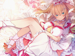 Rule 34 | 1girl, akai haato, akai haato (6th costume), blonde hair, blue eyes, breasts, dress, frilled dress, frills, haaton (akai haato), hair between eyes, heart, heart-shaped pupils, highres, hololive, large breasts, long hair, lying, magowasabi, on side, puffy short sleeves, puffy sleeves, shoes, short sleeves, signature, socks, solo, symbol-shaped pupils, twitter username, two side up, virtual youtuber, white dress, white socks
