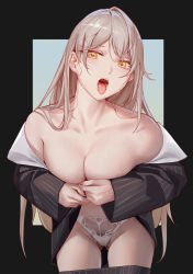 Rule 34 | 1girl, aquila-n, bare shoulders, black jacket, black pants, blonde hair, blue background, breasts, clothes pull, collarbone, covering breasts, covering privates, cowboy shot, female pubic hair, fingernails, formal, gradient background, highres, jacket, jacket partially removed, leaning forward, long hair, long sleeves, looking at viewer, medium breasts, nail polish, no bra, open clothes, open jacket, open mouth, original, outside border, panties, pants, pants pull, pinstripe pattern, pinstripe suit, pubic hair, red nails, see-through panties, solo, striped, suit, suit jacket, tongue, tongue out, underwear, veins, veiny breasts, wet, white panties, yellow eyes