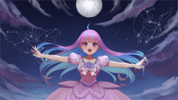 Rule 34 | 1girl, absurdres, ahoge, alternate costume, aqua hair, aqua nails, bat (animal), blunt bangs, breasts, brooch, cloud, cloudy sky, colored inner hair, commentary, constellation, cowboy shot, dress, english commentary, flower, frostcyco, full moon, hair down, highres, hololive, jewelry, long hair, looking at viewer, medium breasts, minato aqua, mixed-language commentary, moon, multicolored hair, nail polish, night, night sky, open mouth, outdoors, outstretched arms, pink dress, puffy short sleeves, puffy sleeves, purple eyes, purple hair, sheep, short sleeves, sky, smile, solo, star (sky), starry sky, streaked hair, two-tone hair, virtual youtuber