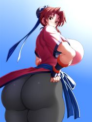 Rule 34 | 1girl, ass, blue background, blue ribbon, blush, breasts, bun cover, chinese clothes, curvy, desuroguma, dragon quest, dragon quest dai no daibouken, fingerless gloves, from behind, from below, gloves, hair bun, hands on own hips, highres, huge ass, huge breasts, looking at viewer, looking back, looking down, maam, open mouth, pants, pantyhose, parted lips, pink eyes, pink hair, ribbon, shiny clothes, shiny skin, short hair, short sleeves, sideboob, single hair bun, solo, thick thighs, thighs, tight clothes, tight pants, wide hips