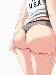 Rule 34 | 1girl, absurdres, ass, ass focus, ass support, bare arms, close-up, clothes writing, cowboy shot, derivative work, from behind, gluteal fold, highres, hip focus, huge ass, intrepid (kancolle), kantai collection, kilroylw, lower body, shirt, simple background, solo, standing, thick thighs, thighs, third-party edit, white background, white shirt, wide hips