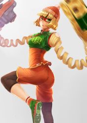 Rule 34 | 1girl, arms (game), ass, beanie, bike shorts, blonde hair, blunt bangs, blush, chinese clothes, domino mask, dragon, dragon (arms), facepaint, food, green eyes, hat, highres, kaito nina, leggings, leggings under shorts, looking at viewer, mask, min min (arms), noodles, pantyhose, parted lips, short hair, shorts, simple background, solo, white background