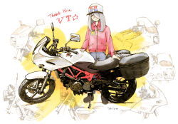 Rule 34 | 1girl, alternate costume, baseball cap, english text, hat, honda, jacket, light smile, little witch academia, looking at viewer, motor vehicle, motorcycle, pants, purple hair, red eyes, red jacket, red pants, shiro0909, signature, solo, standing, star (symbol), star print, sucy manbavaran