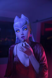 Rule 34 | 1girl, absurdres, applying makeup, asymmetrical bangs, bedroom, black robe, breasts, cleavage, cone hair bun, cosmetics, dark background, demon, demon girl, drop earrings, earrings, evelynn (league of legends), eyeshadow, fingernails, hair bun, highres, holding, holding lipstick tube, jewelry, k/da (league of legends), k/da all out evelynn, kudos3d, league of legends, lipstick, lipstick tube, long hair, long sleeves, looking to the side, makeup, nightgown, open clothes, open robe, parted lips, purple background, purple eyeshadow, purple lipstick tube, robe, sharp fingernails, slit pupils, small breasts, solo, the baddest evelynn, white hair, wide sleeves, yellow eyes