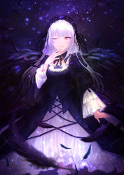Rule 34 | 1girl, ;), absurdres, arm at side, bad id, bad pixiv id, black dress, black hairband, black ribbon, black wings, closed mouth, colored eyelashes, commentary request, dark background, detached collar, doll joints, dress, feathered wings, feathers, feet out of frame, flower, frilled sleeves, frills, glowing, hairband, hand on own hip, hekiyama yurika, highres, joints, layered sleeves, lens flare, light purple hair, lolita hairband, long hair, long sleeves, neck ribbon, one eye closed, purple flower, purple rose, red eyes, ribbon, rose, rozen maiden, smile, solo, standing, straight hair, suigintou, wings