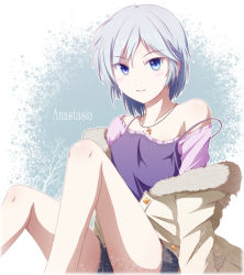 Rule 34 | 10s, 1girl, :d, anastasia (idolmaster), blue eyes, camisole, character name, coat, idolmaster, idolmaster cinderella girls, jewelry, legs, necklace, open mouth, short hair, shorts, silver hair, sitting, smile, solo, strap slip, tri, winter clothes, winter coat