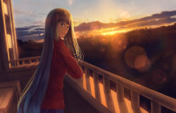 Rule 34 | 1girl, balcony, brown eyes, brown hair, landscape, light rays, long hair, looking at viewer, original, sakimori (hououbds), scenery, smile, solo, sunset, sweater, very long hair