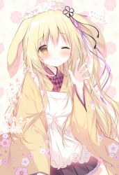 Rule 34 | 1girl, 2023, animal ears, apron, black skirt, blonde hair, bow, brown eyes, chinese zodiac, commentary request, floral background, floral print, frilled apron, frilled skirt, frills, hair between eyes, hair bow, hand up, highres, japanese clothes, kimono, long hair, long sleeves, looking at viewer, one side up, original, pleated skirt, print kimono, purple bow, rabbit ears, shiratama (shiratamaco), skirt, solo, translation request, very long hair, white apron, wide sleeves, year of the rabbit, yellow kimono