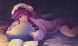 Rule 34 | 1girl, blue bow, book, bow, crescent, crescent hat ornament, dress, hair bow, hat, hat ornament, long hair, long sleeves, menotoa, mob cap, open book, patchouli knowledge, purple dress, purple eyes, purple hair, sidelocks, solo, touhou, white hat