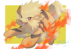 Rule 34 | arcanine, artist name, border, creatures (company), fire, game freak, gen 1 pokemon, highres, looking at viewer, nintendo, no humans, nullma, open mouth, pokemon, pokemon (creature), signature, simple background, solo, tongue, tongue out, watermark, white border, yellow background