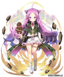 Rule 34 | 1girl, ahoge, belt, belt bag, book, boots, character request, commentary request, cone hair bun, flat chest, flower, flower knight girl, forehead, full body, hair bun, kurot, long hair, navel, official art, purple eyes, purple hair, rock, simple background, solo, standing, white background