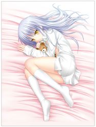 Rule 34 | 1girl, angel beats!, bed sheet, collared shirt, dress shirt, fetal position, hair between eyes, highres, holding, holding stuffed toy, kneehighs, long hair, long sleeves, lying, na-ga, naked shirt, on side, open clothes, open shirt, parted lips, shirt, silver hair, socks, solo, straight hair, stuffed animal, stuffed toy, teddy bear, tenshi (angel beats!), unbuttoned, unbuttoned shirt, very long hair, white shirt, white socks, wing collar, yellow eyes