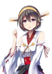 Rule 34 | 10s, 1girl, alternate hair length, alternate hairstyle, bare shoulders, brown eyes, brown hair, detached sleeves, hair ornament, hairband, hairclip, haruna (kancolle), headgear, highres, japanese clothes, kantai collection, konkito, nontraditional miko, ribbon-trimmed sleeves, ribbon trim, short hair, solo