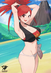 Rule 34 | 1girl, :d, armpits, arms behind head, arms up, artist logo, artist name, bandeau, bare shoulders, bikini, black shirt, blue sky, blush, breasts, cleavage, cloud, cloudy sky, collarbone, creatures (company), dirt road, flannery (pokemon), game freak, hill, kaos art, large breasts, long hair, looking at viewer, midriff, navel, nintendo, open mouth, outdoors, pokemon, pokemon oras, ponytail, red bandeau, red eyes, red hair, river, road, sand, shirt, side-tie bikini bottom, sideboob, sky, sleeveless, sleeveless shirt, smile, solo, split ponytail, standing, stomach, swimsuit, thick thighs, thighs, tied shirt, v-shaped eyebrows, volcano, water