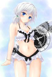 1girl alternate_hairstyle bad_id bad_pixiv_id bikini blue_eyes blush breasts cleavage female_focus frilled_bikini frills izayoi_sakuya navel nekokotei short_hair silver_hair solo swimsuit touhou twintails