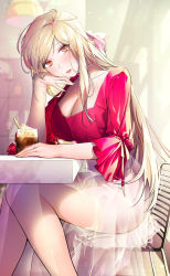Rule 34 | 1girl, blonde hair, blouse, blurry, blurry background, blush, bracelet, breasts, chair, cleavage, commentary, cup, drink, drinking glass, elbow rest, elbows on table, english commentary, feet out of frame, from side, ga-young son, glint, hair ribbon, hana lee (mougmougko), head rest, head tilt, hero manager, highres, ice, ice cube, indoors, jewelry, large breasts, layered skirt, long hair, long skirt, looking at viewer, miniskirt, nail polish, necklace, orange eyes, pencil skirt, ribbon, ring, see-through, shirt, sitting, skirt, sleeves past elbows, smile, solo, spoon, table, yellow nails