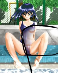 Rule 34 | 1girl, barefoot, black eyes, blue hair, blue one-piece swimsuit, breasts, chain-link fence, feet, fence, fuchida kyou, looking at viewer, medium breasts, navel, nipples, one-piece swimsuit, outdoors, parted lips, pool, poolside, pov, pussy, see-through, sitting, soles, solo focus, sparkle, spread legs, swimsuit, toes, uncensored, wet, x-ray, x-ray glasses, x-ray vision