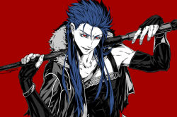 Rule 34 | 1boy, blue hair, capelet, collarbone, cu chulainn (fate), cu chulainn (caster) (fate), elbow gloves, fate/grand order, fate (series), fingerless gloves, fur, fur-trimmed hood, fur trim, gloves, hood, hood down, hooded capelet, cu chulainn (fate/stay night), long hair, male focus, open mouth, red background, red eyes, sei 8220, simple background, solo, spiked hair, staff, type-moon