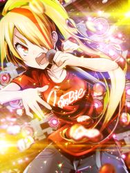 Rule 34 | 10s, blonde hair, blurry, clothes writing, collarbone, depth of field, hair over one eye, highres, holding, holding microphone, lens flare, light particles, long hair, looking at viewer, microphone, multicolored hair, nikaidou saki, open mouth, pants, pinky out, projector, shirt, solo, streaked hair, tanashi (mk2), upper body, water drop, yellow eyes, zombie land saga